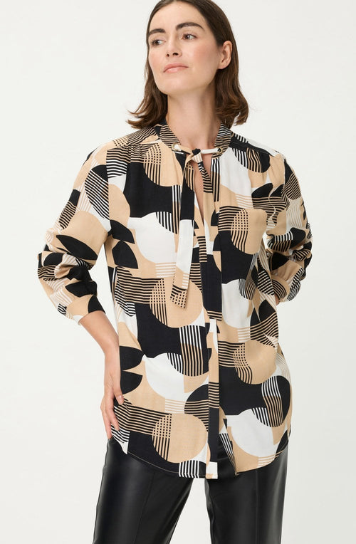 Warm Biscuit Circle Print Neck Tie Blouse