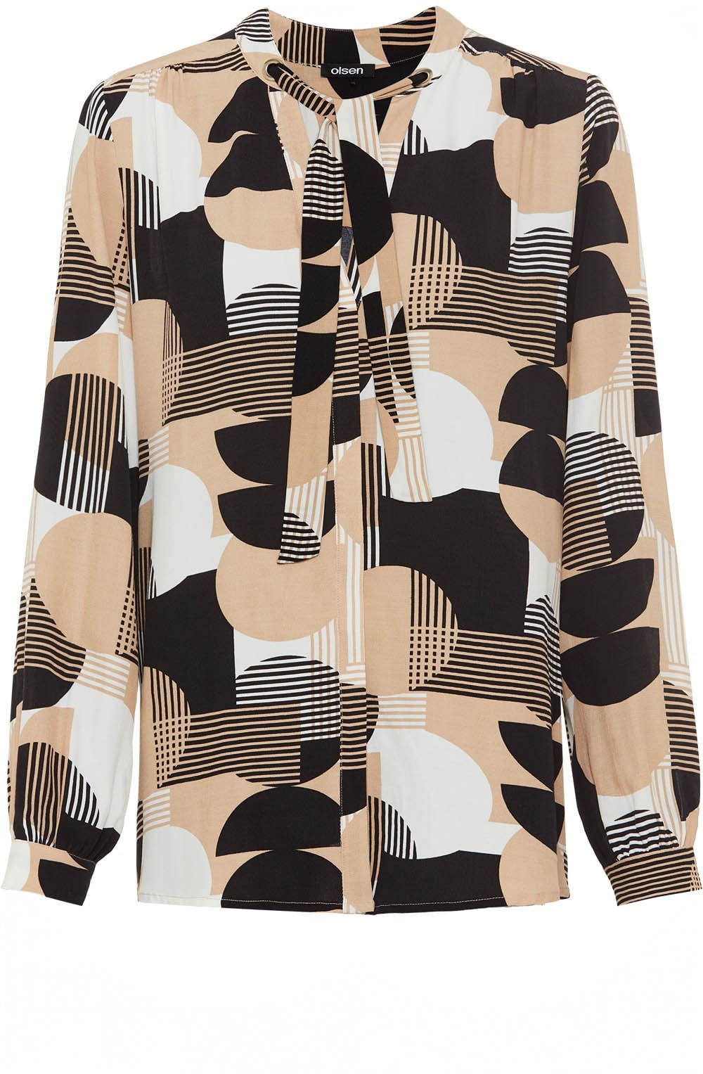 Warm Biscuit Circle Print Neck Tie Blouse
