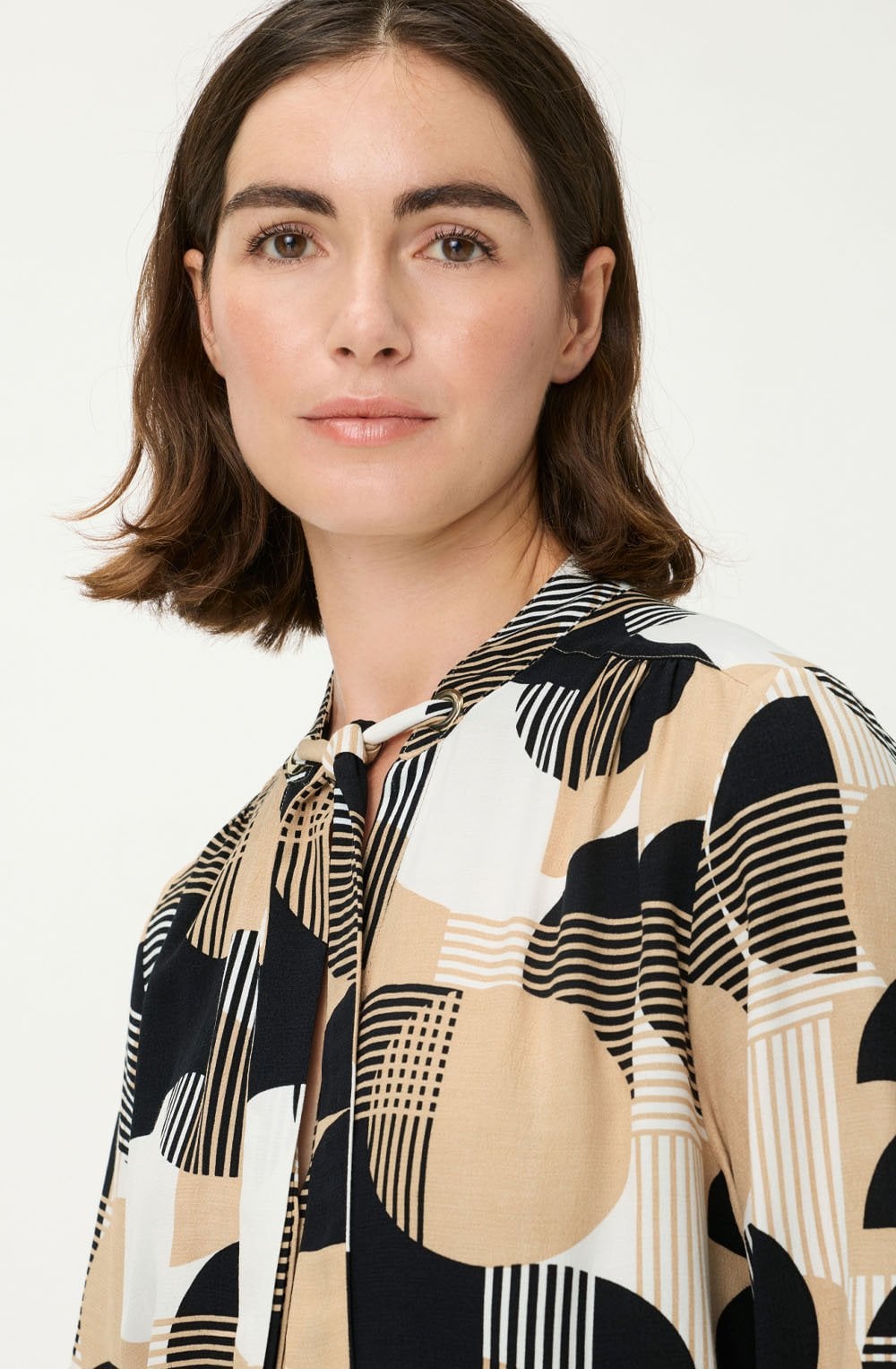 Warm Biscuit Circle Print Neck Tie Blouse