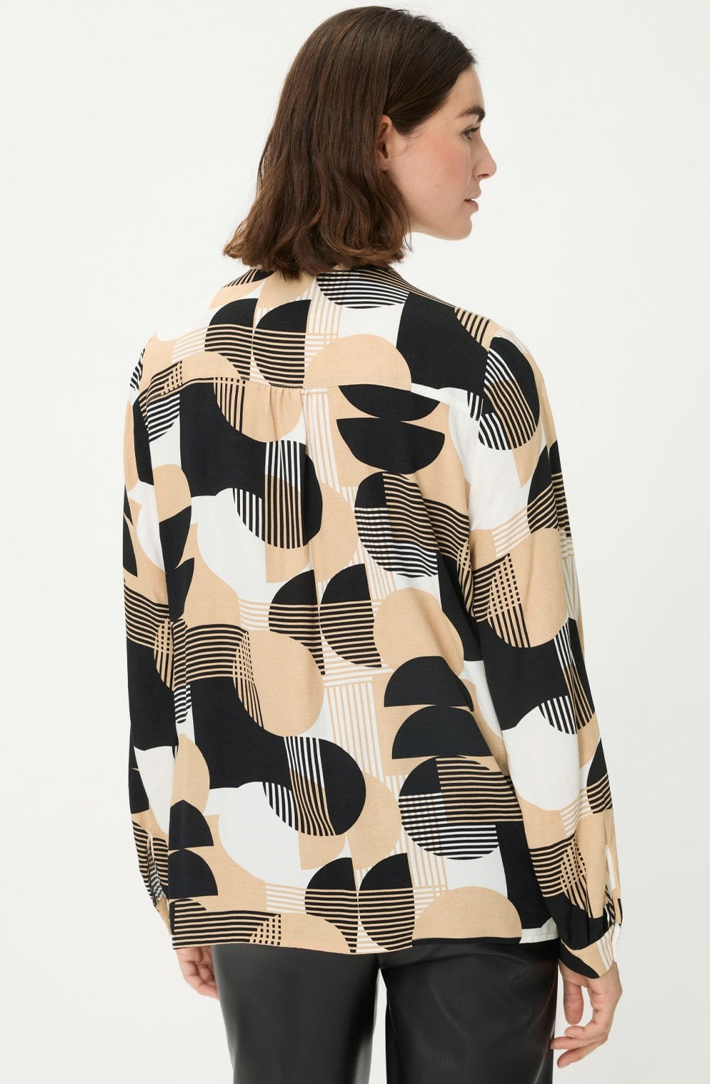 Warm Biscuit Circle Print Neck Tie Blouse