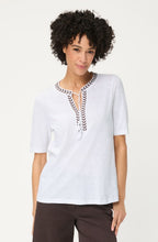 White and Dark Brown Embroidered Tie Neck Hannah Top