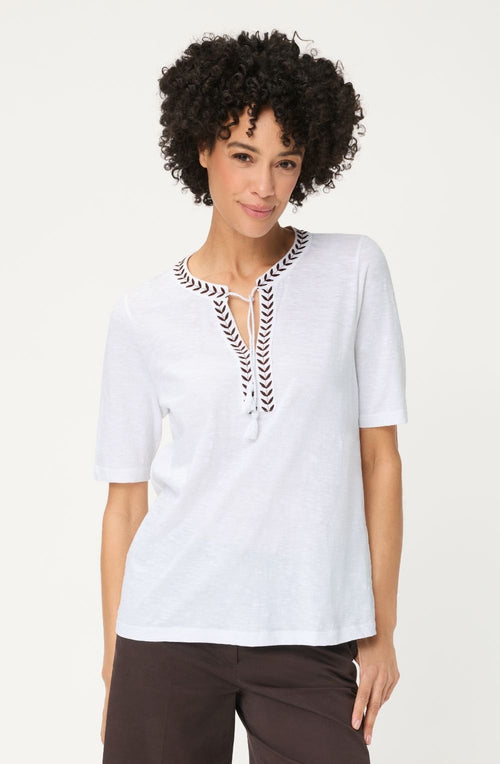 White and Dark Brown Embroidered Tie Neck Hannah Top