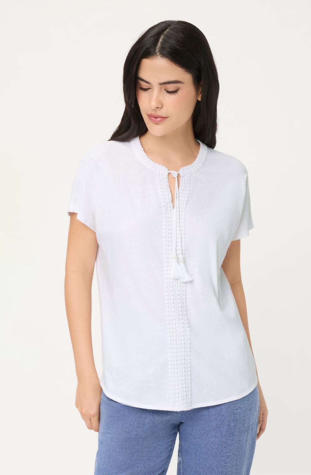 White Embroidered and Tassel Tie Design Cosima Top