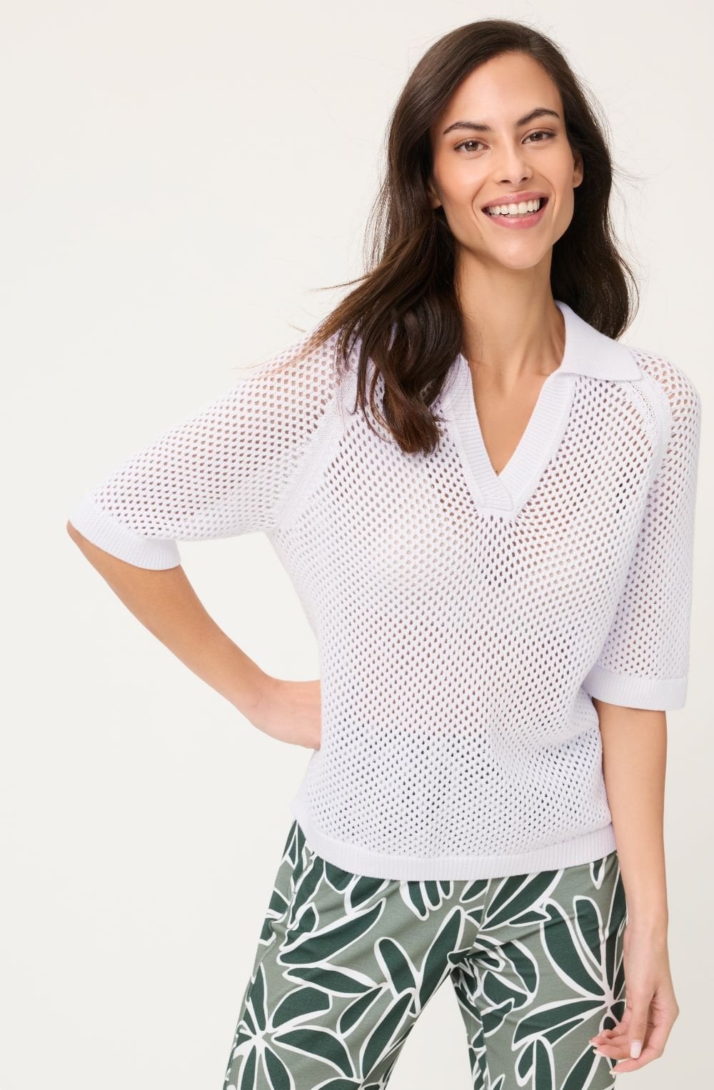 White Open Weave Collared Henny Pullover