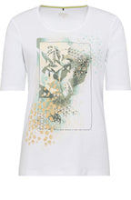 White T Shirt With a Sage and Gold Abstract Design