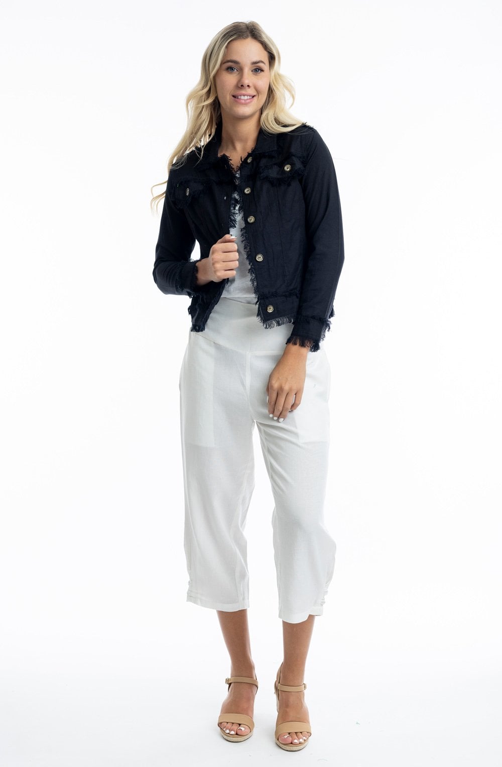 Black Linen Blend Frayed Jacket
