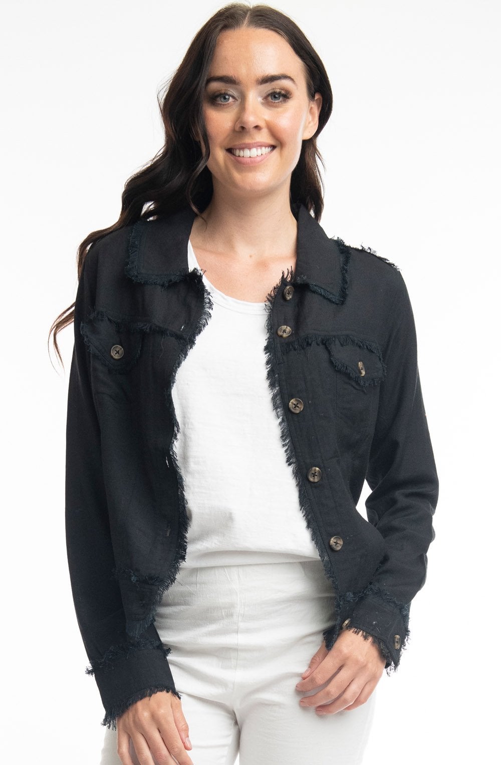 Black Linen Mix Frayed Jacket
