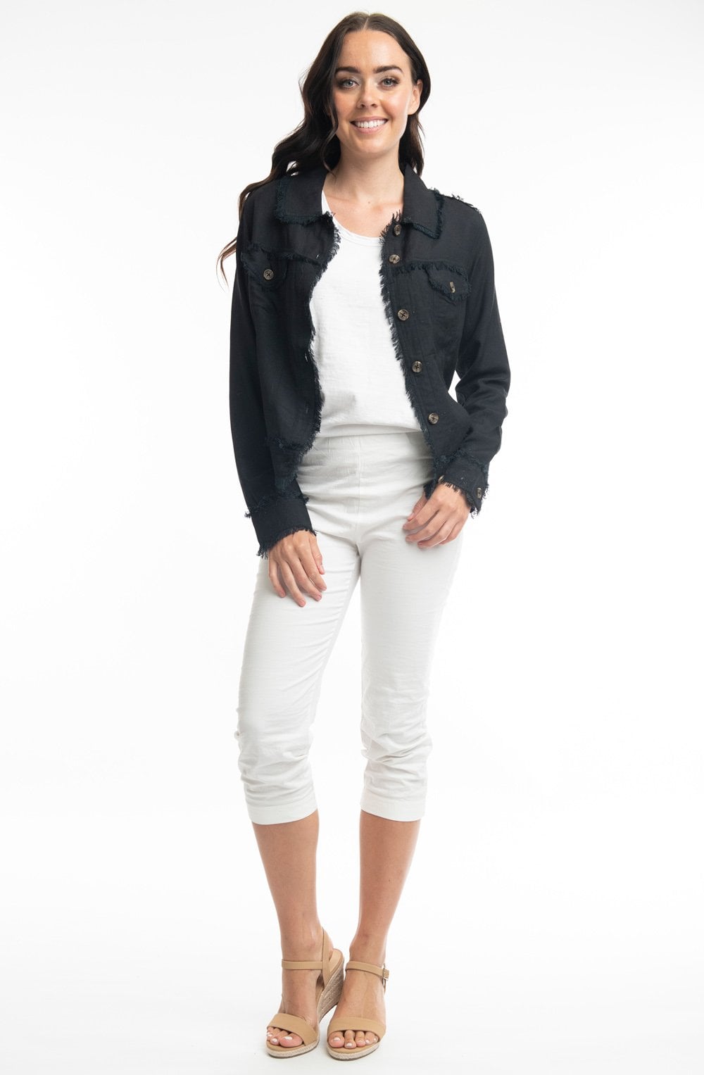 Black Linen Mix Frayed Jacket