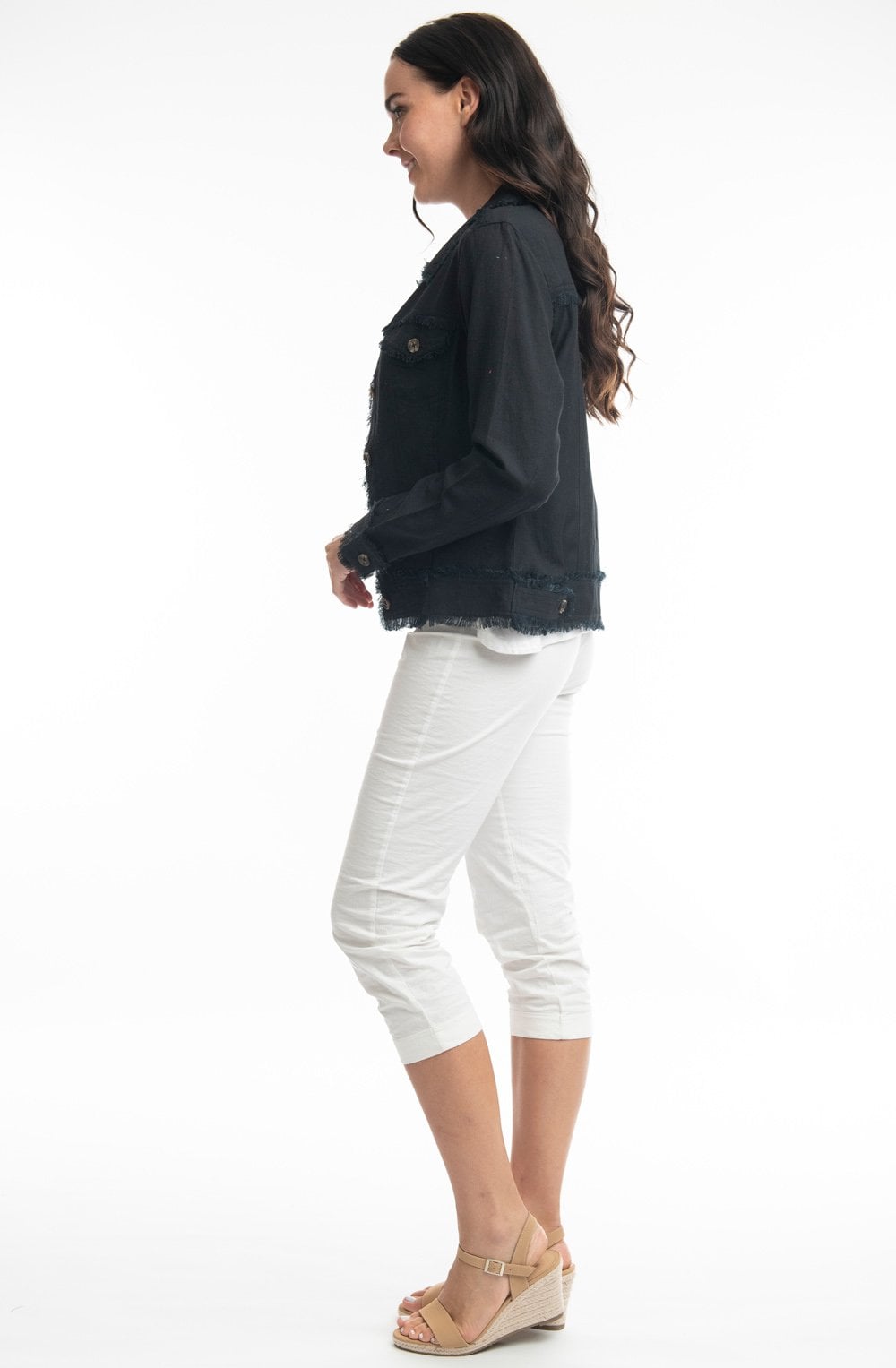 Black Linen Mix Frayed Jacket