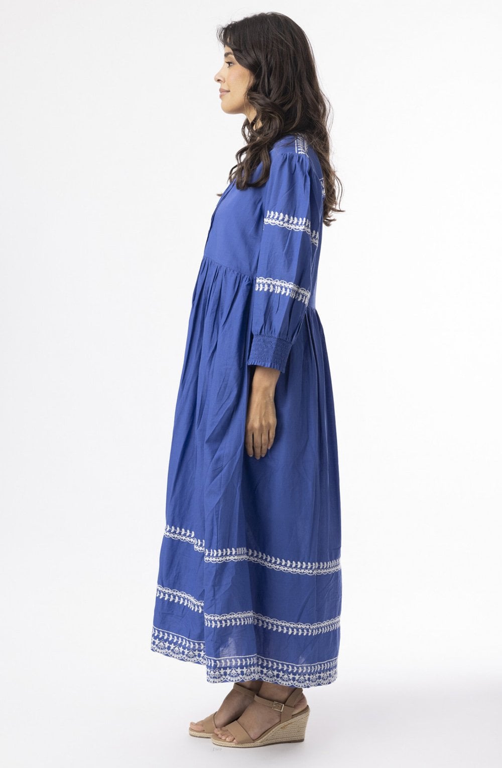 Blue and White Embroidered Maxi Dress