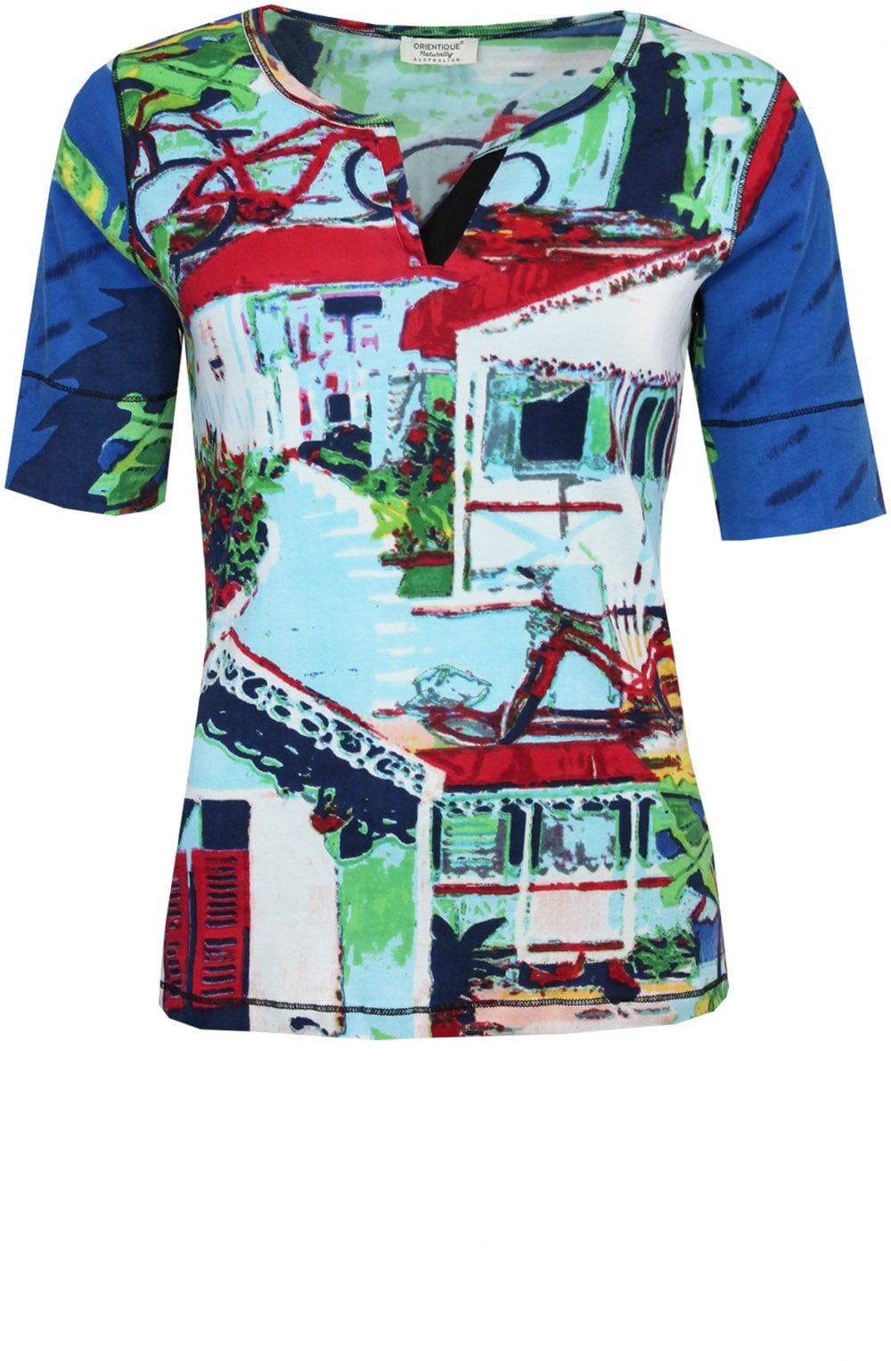 Bold Print T Shirt with V Neckline Detail