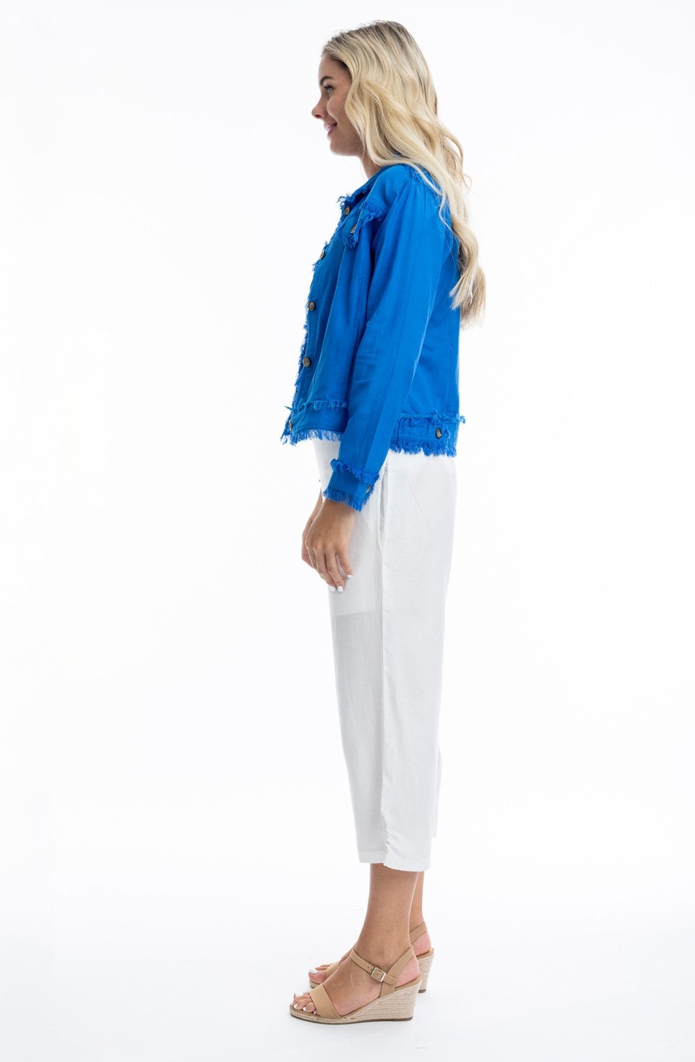 Electric Blue Linen Blend Frayed Jacket