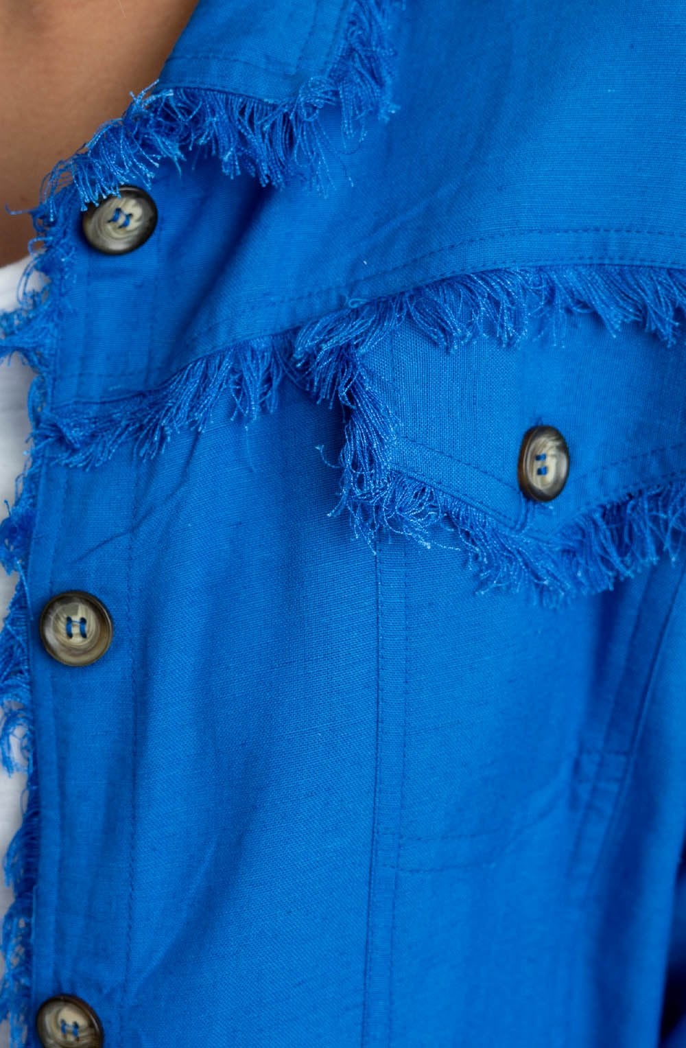 Electric Blue Linen Blend Frayed Jacket