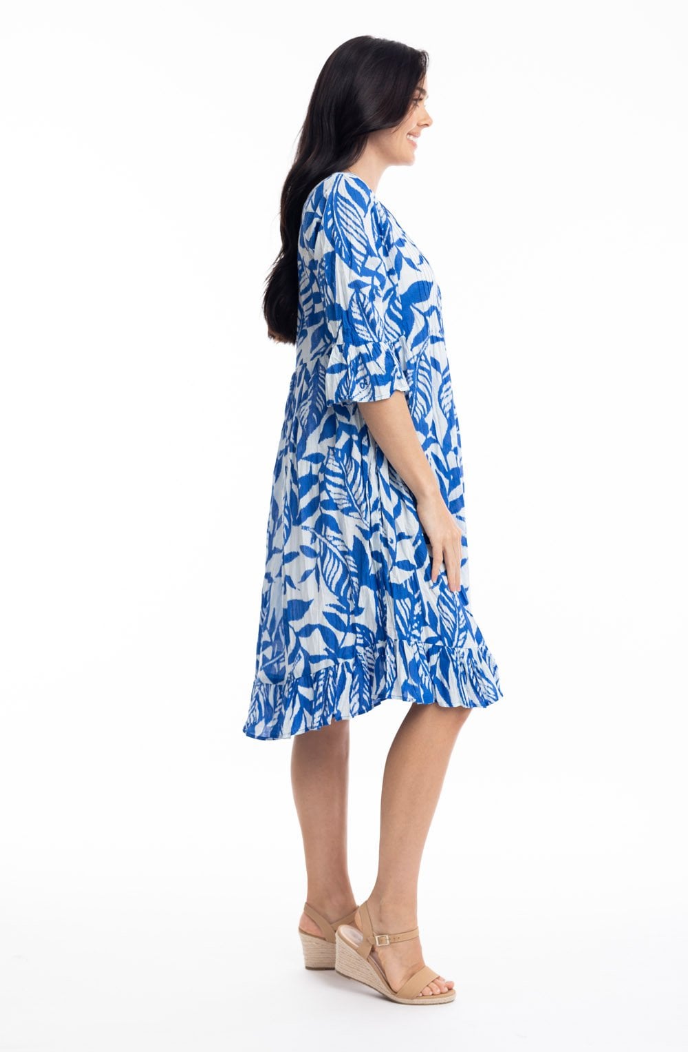 Hayman Blue Frill Sleeve Pinch Pleat Dress
