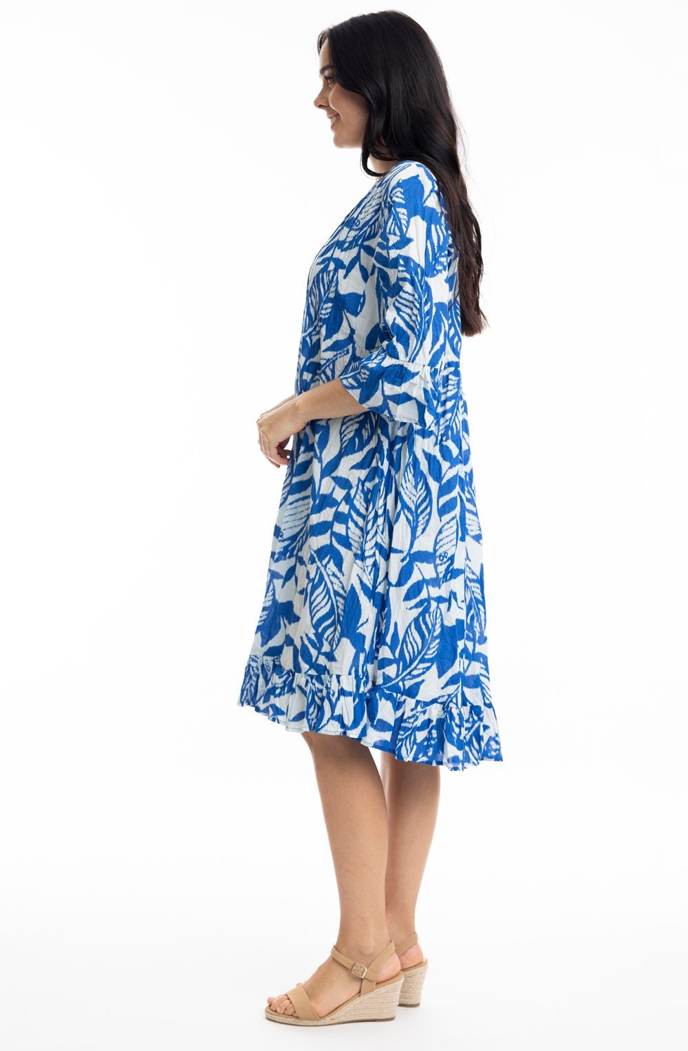 Hayman Blue Frill Sleeve Pinch Pleat Dress