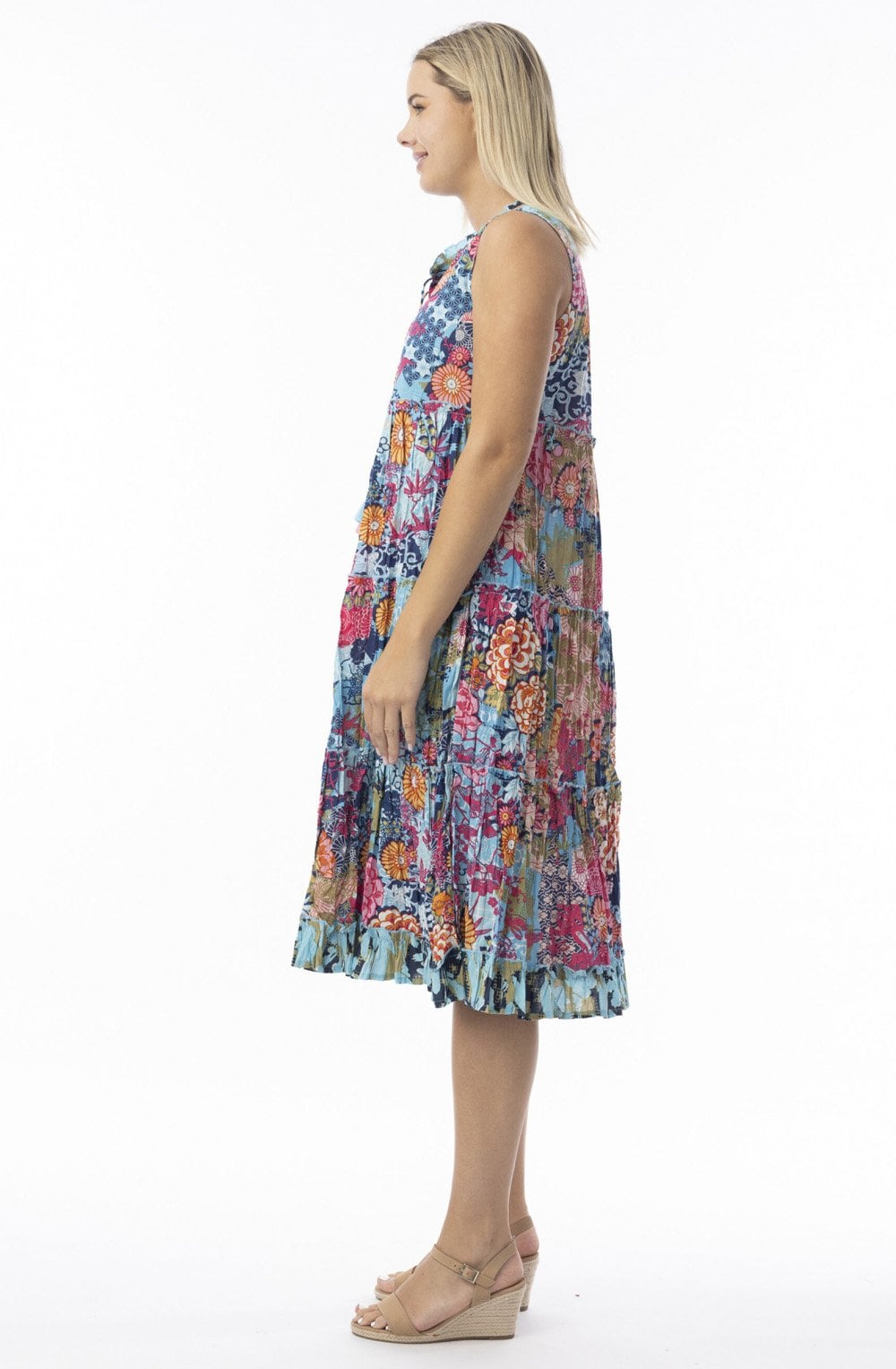 Ikebana Floral Print Tiered Midi Dress