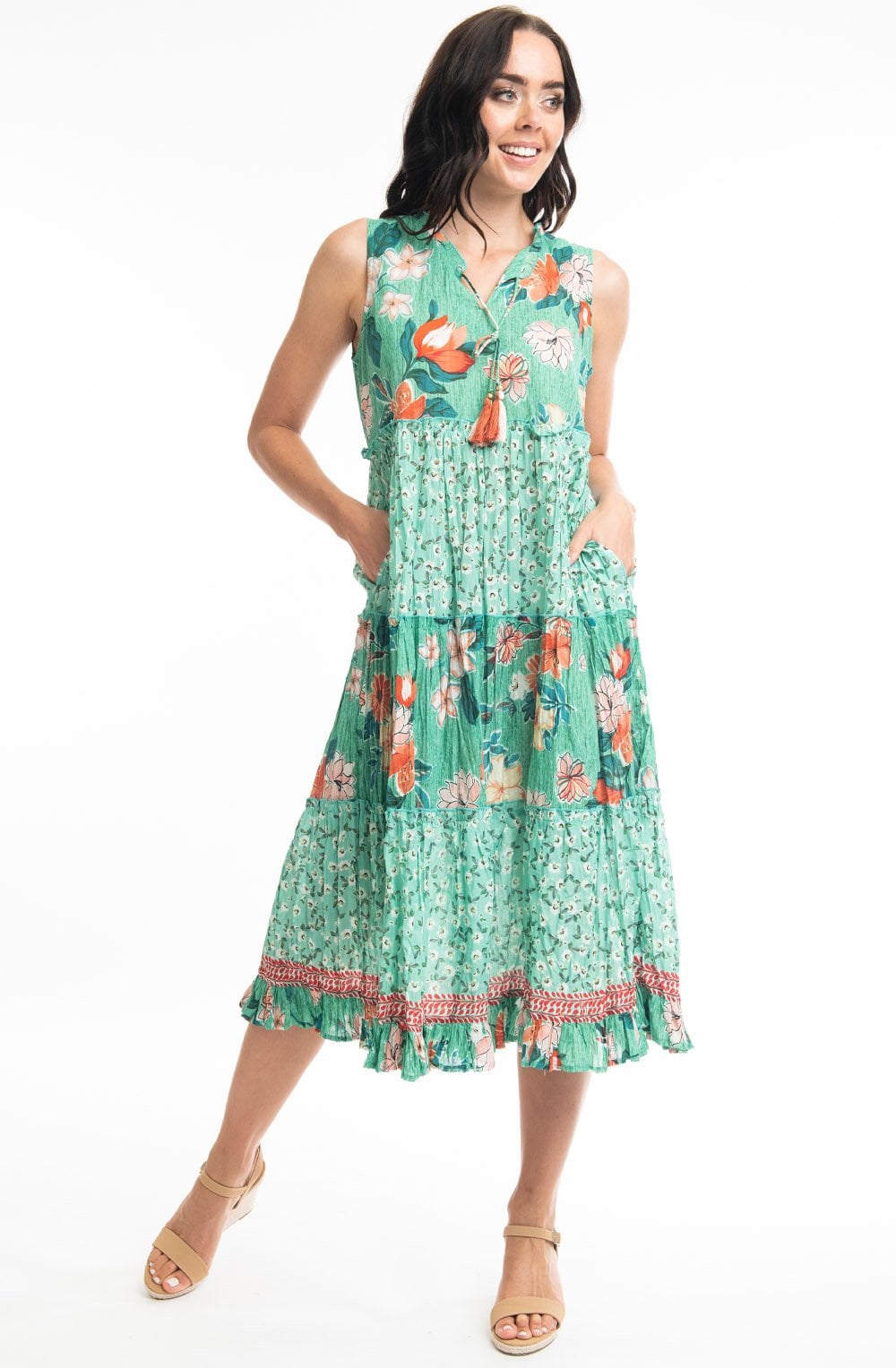 Kaleici Jade Floral Print Sleeveless Tiered Maxi Dress