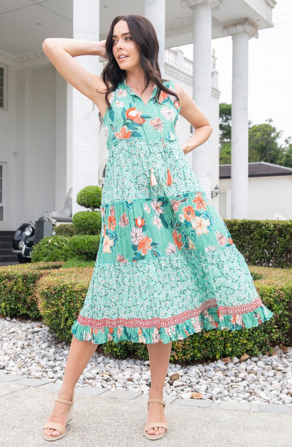 Kaleici Jade Floral Print Sleeveless Tiered Maxi Dress
