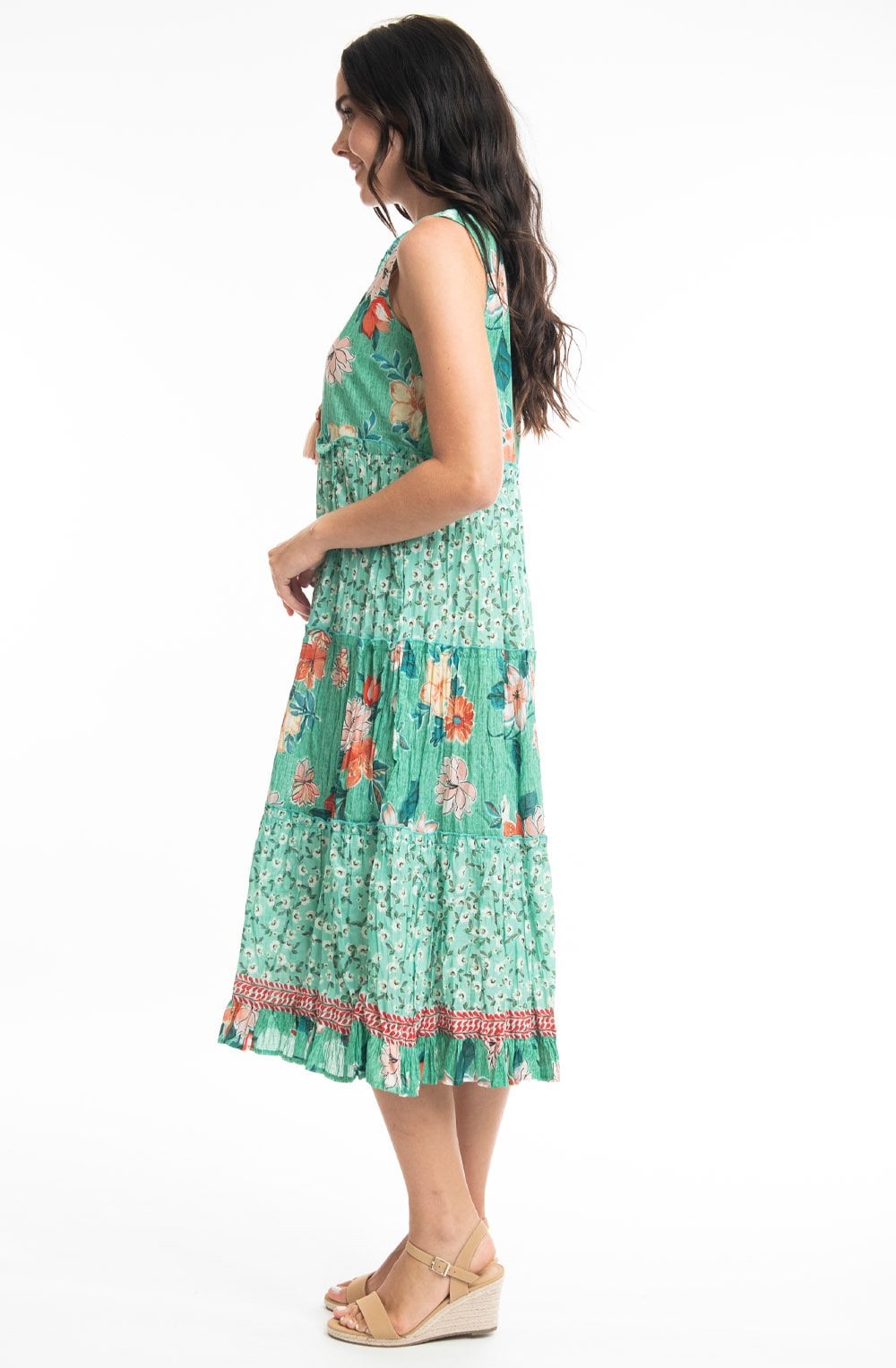 Kaleici Jade Floral Print Sleeveless Tiered Maxi Dress