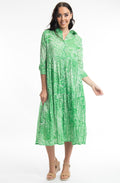 Leros Green Tiered Crinkle Button Down Dress