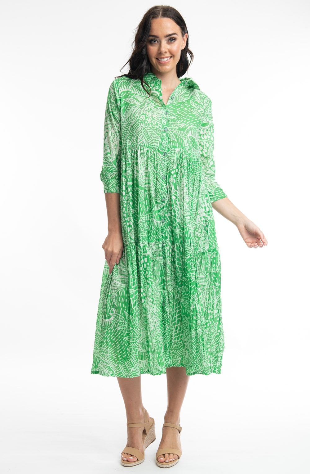 Leros Green Tiered Crinkle Button Down Dress