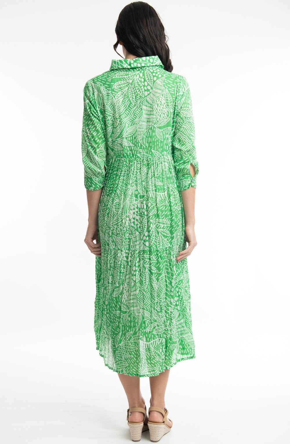 Leros Green Tiered Crinkle Button Down Dress
