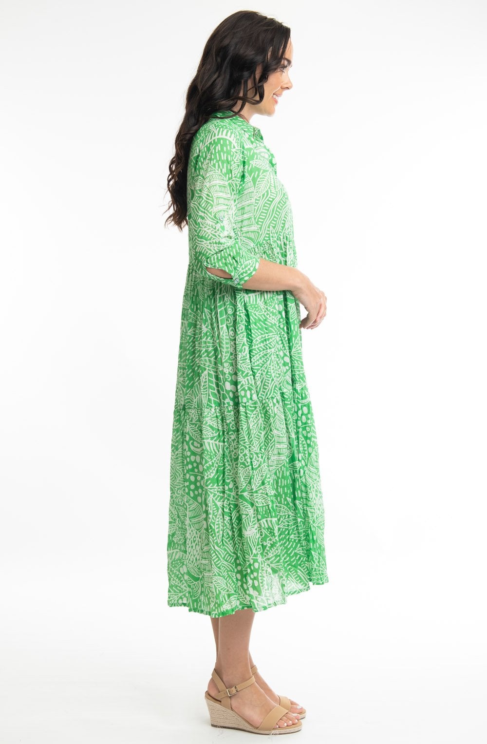 Leros Green Tiered Crinkle Button Down Dress