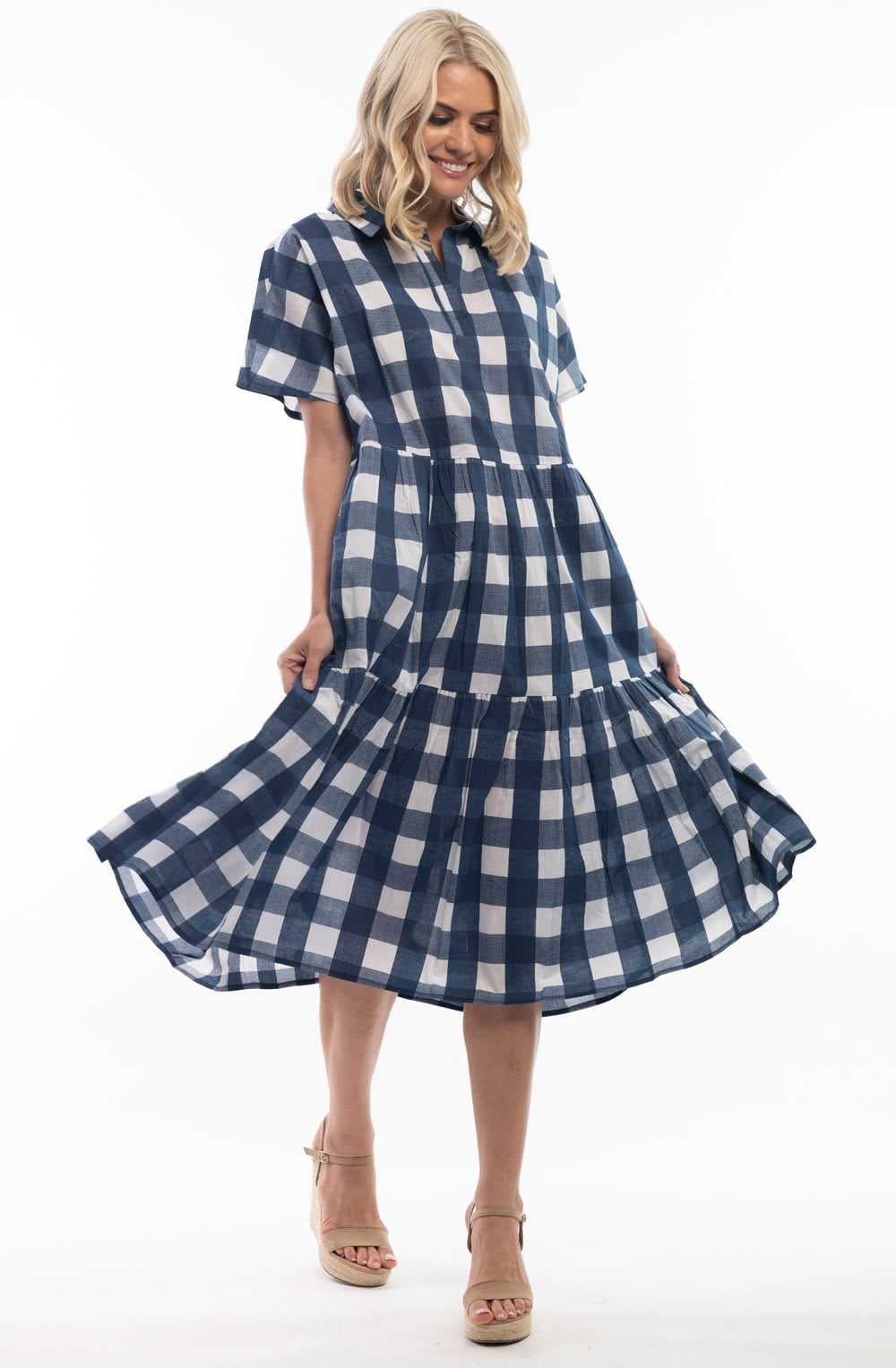 Manchester Navy Gingham Tiered Dress