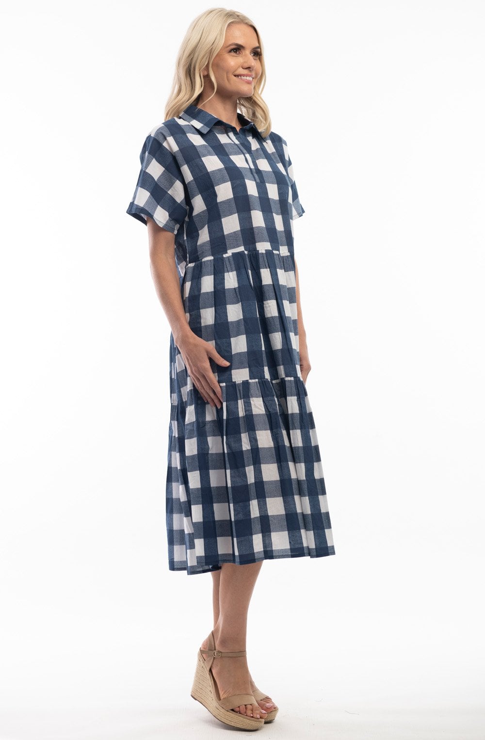 Manchester Navy Gingham Tiered Dress