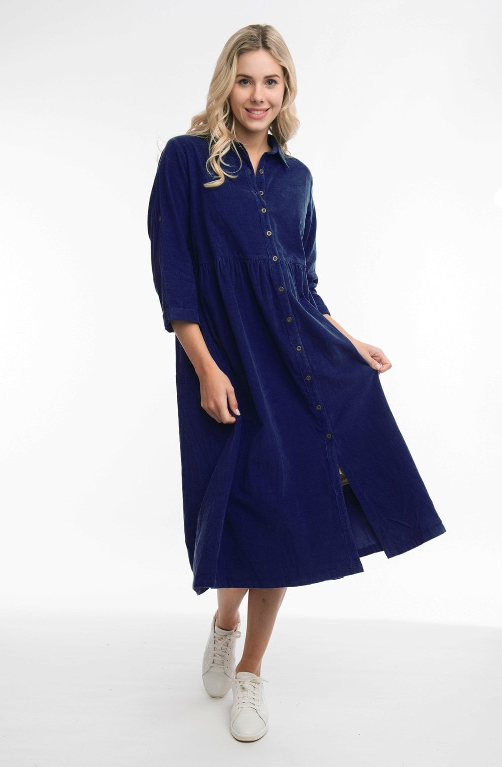 Navy Cord Collared Maxi Dress