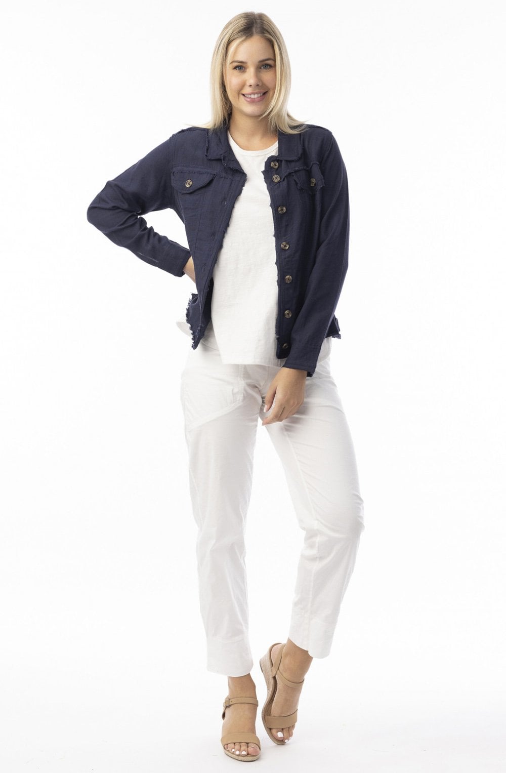 Navy Linen Mix Frayed Jacket