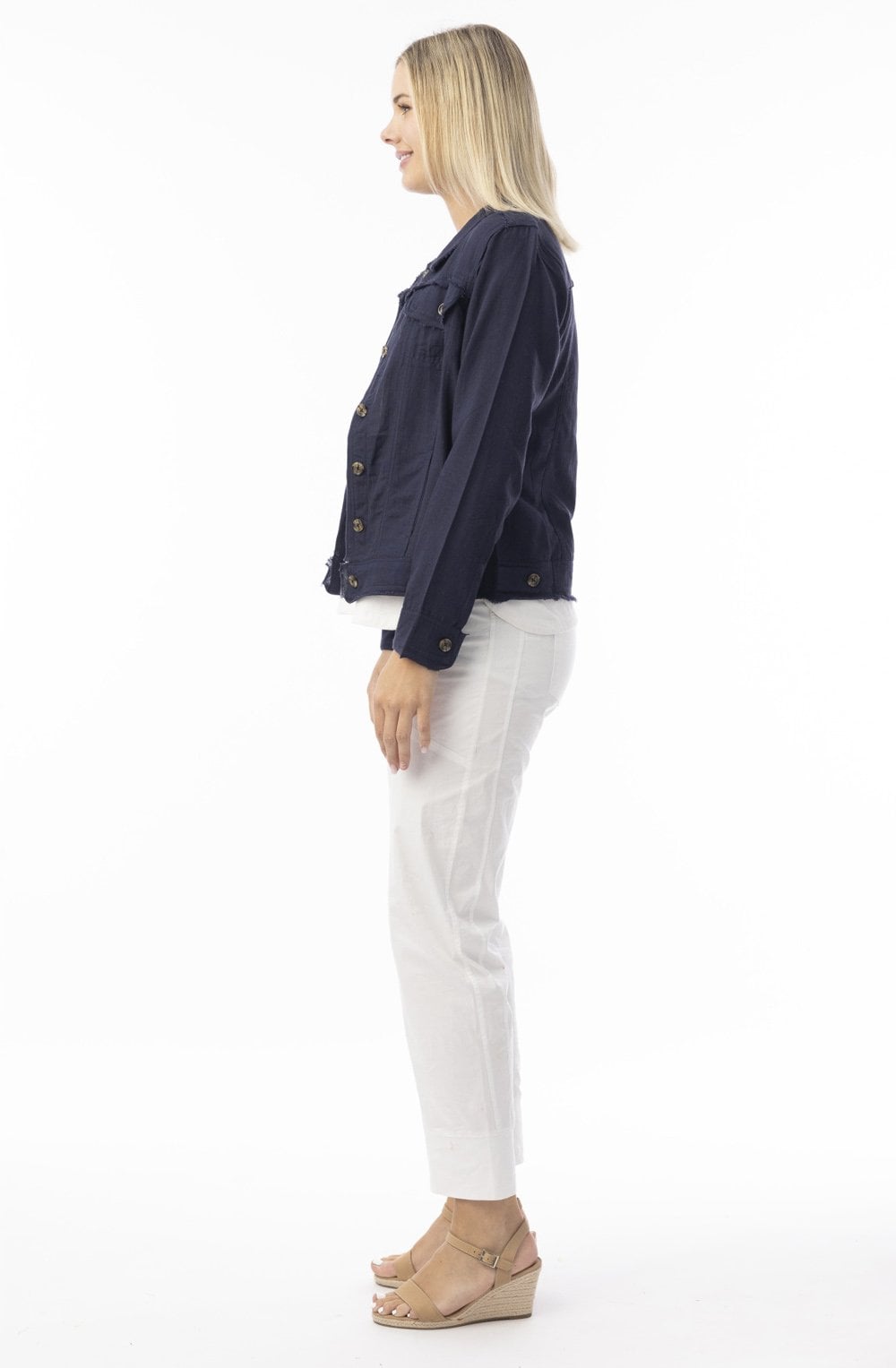 Navy Linen Mix Frayed Jacket