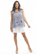 Navy Patterned Tassel Top