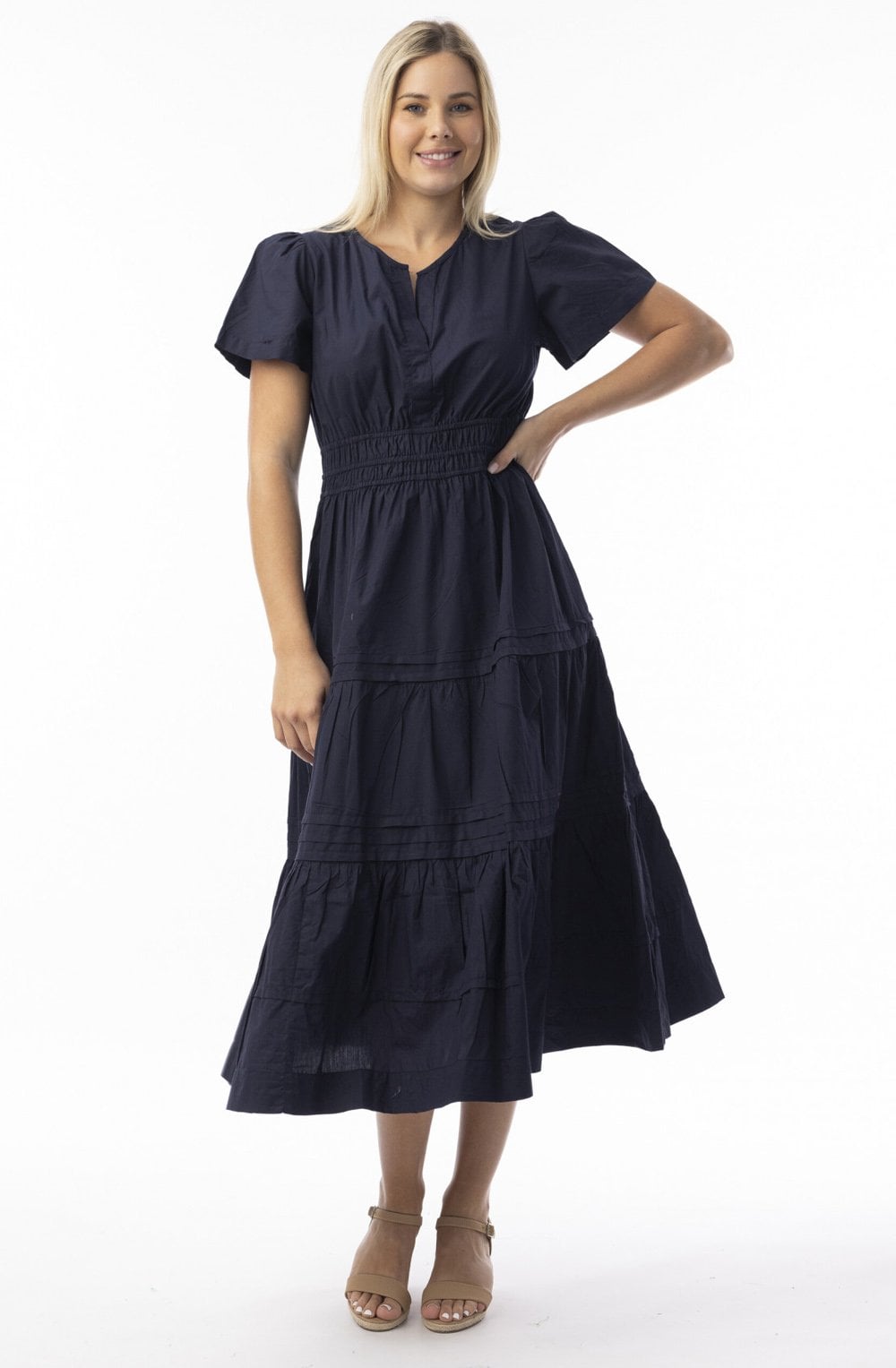 Navy Poplin Ruched Maxi Dress