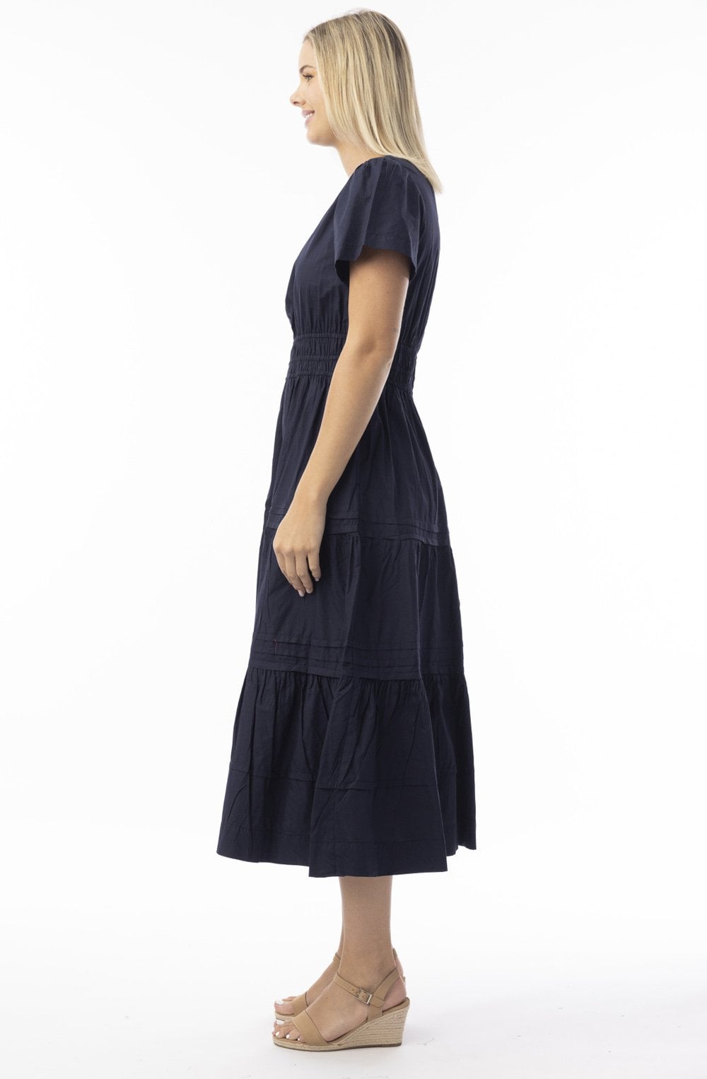 Navy Poplin Ruched Maxi Dress