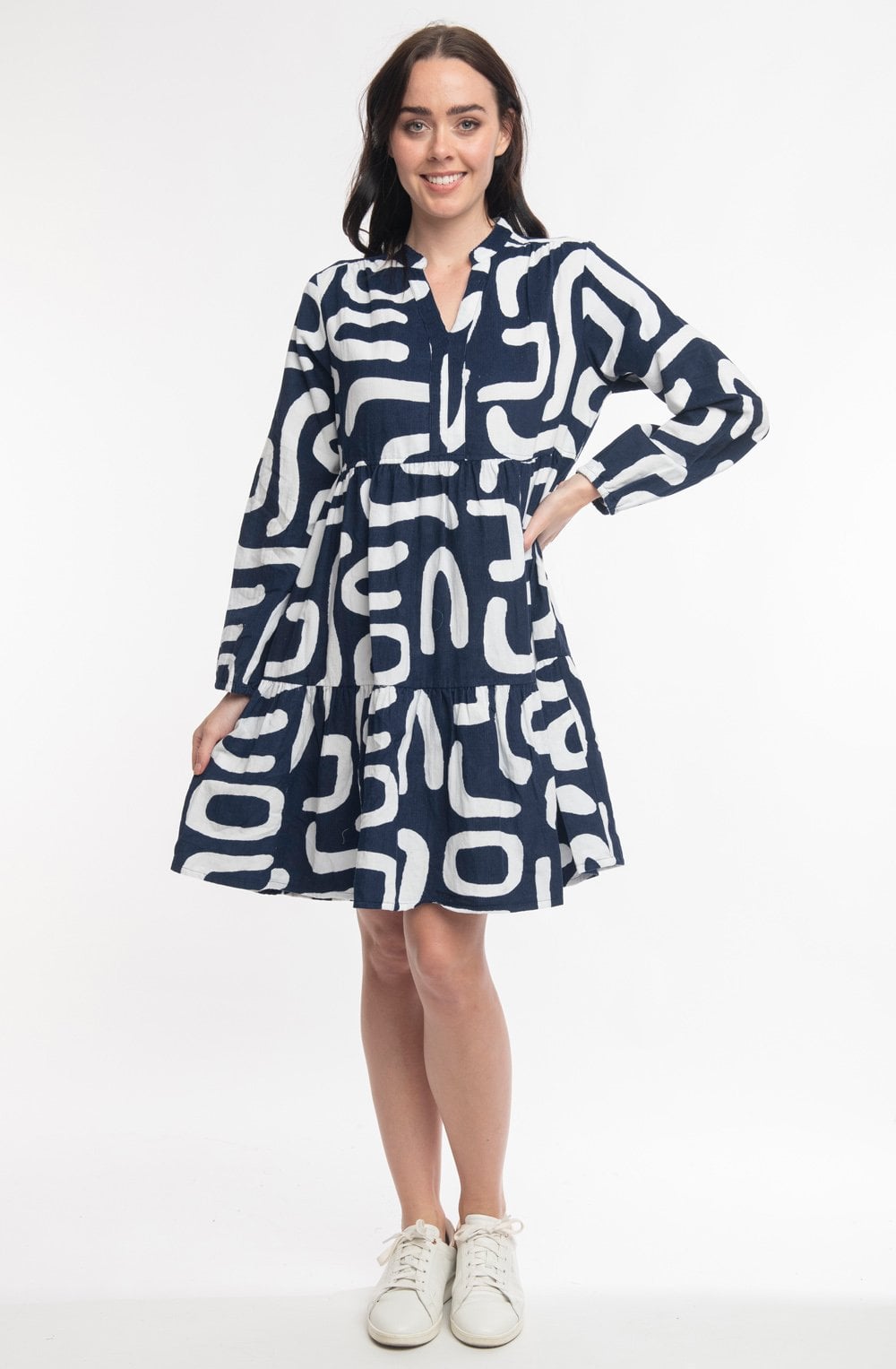 Navy Printed Cord Knee Length Layered Dress