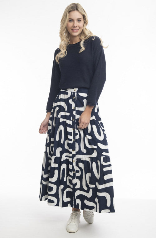 Navy Printed Cord Layered Maxi Skirt