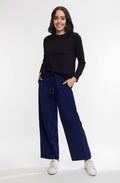 Navy Solid Cord Wide Leg Ankle Length Trousers