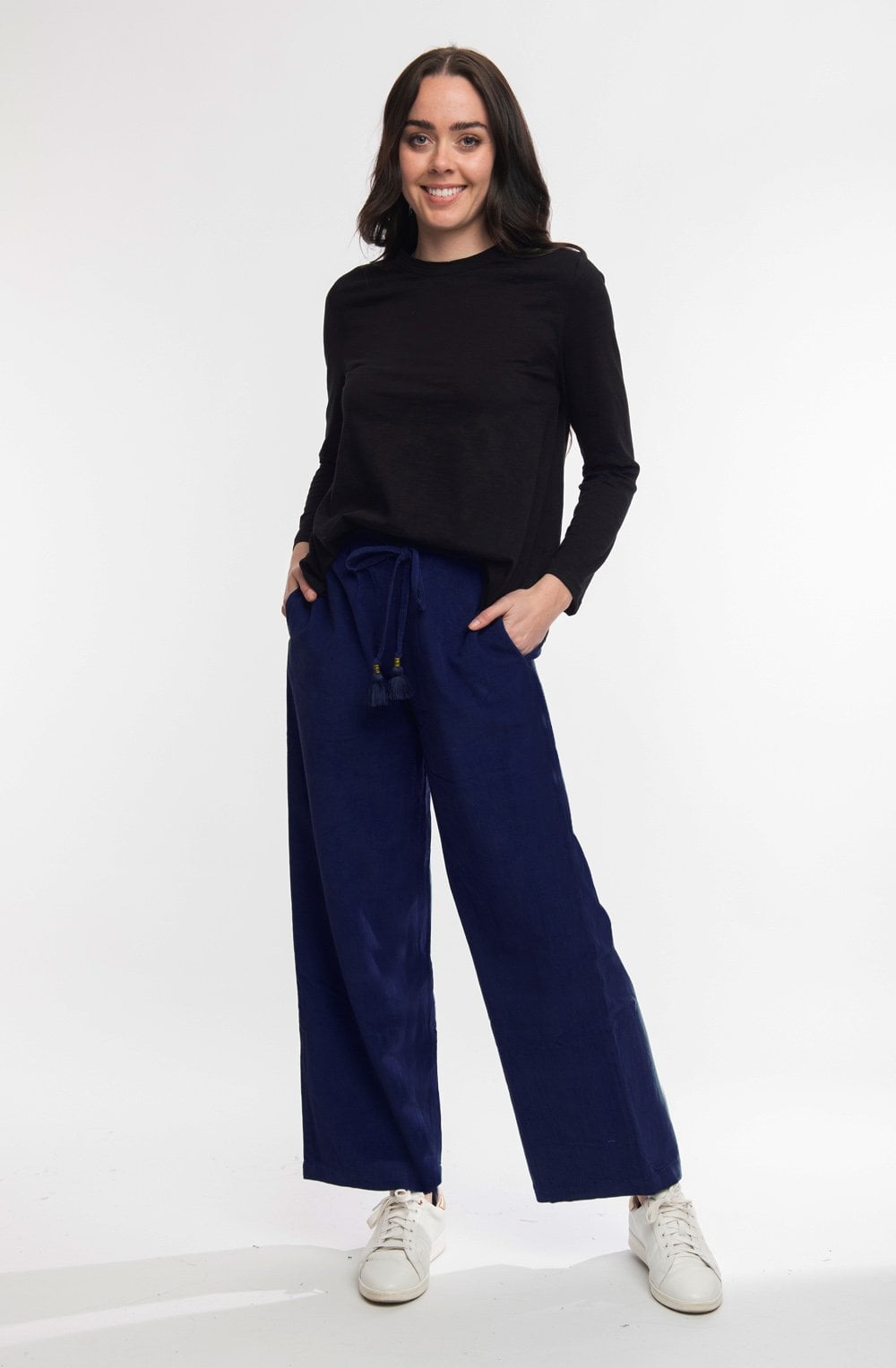 Navy Solid Cord Wide Leg Ankle Length Trousers