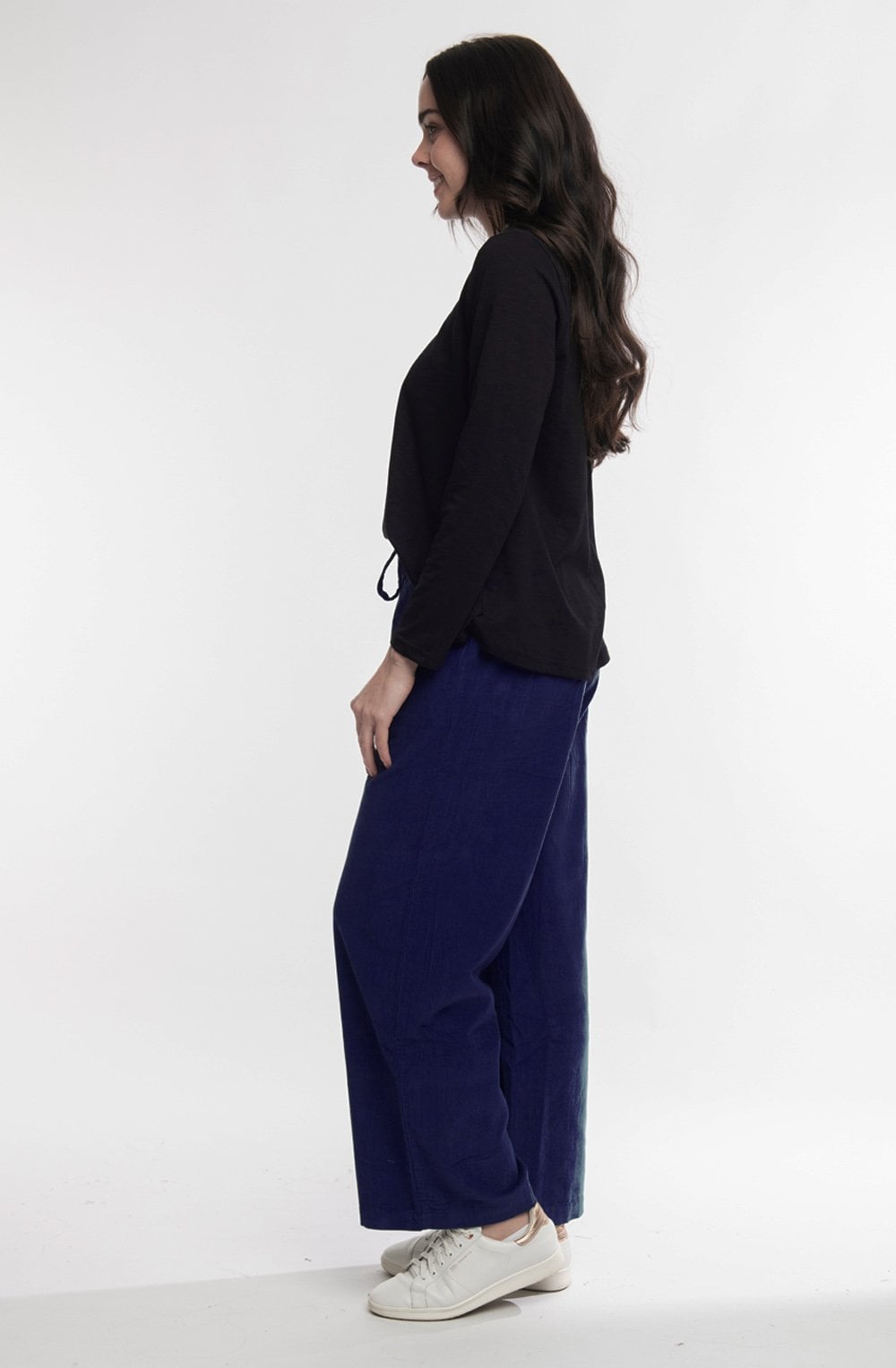 Navy Solid Cord Wide Leg Ankle Length Trousers