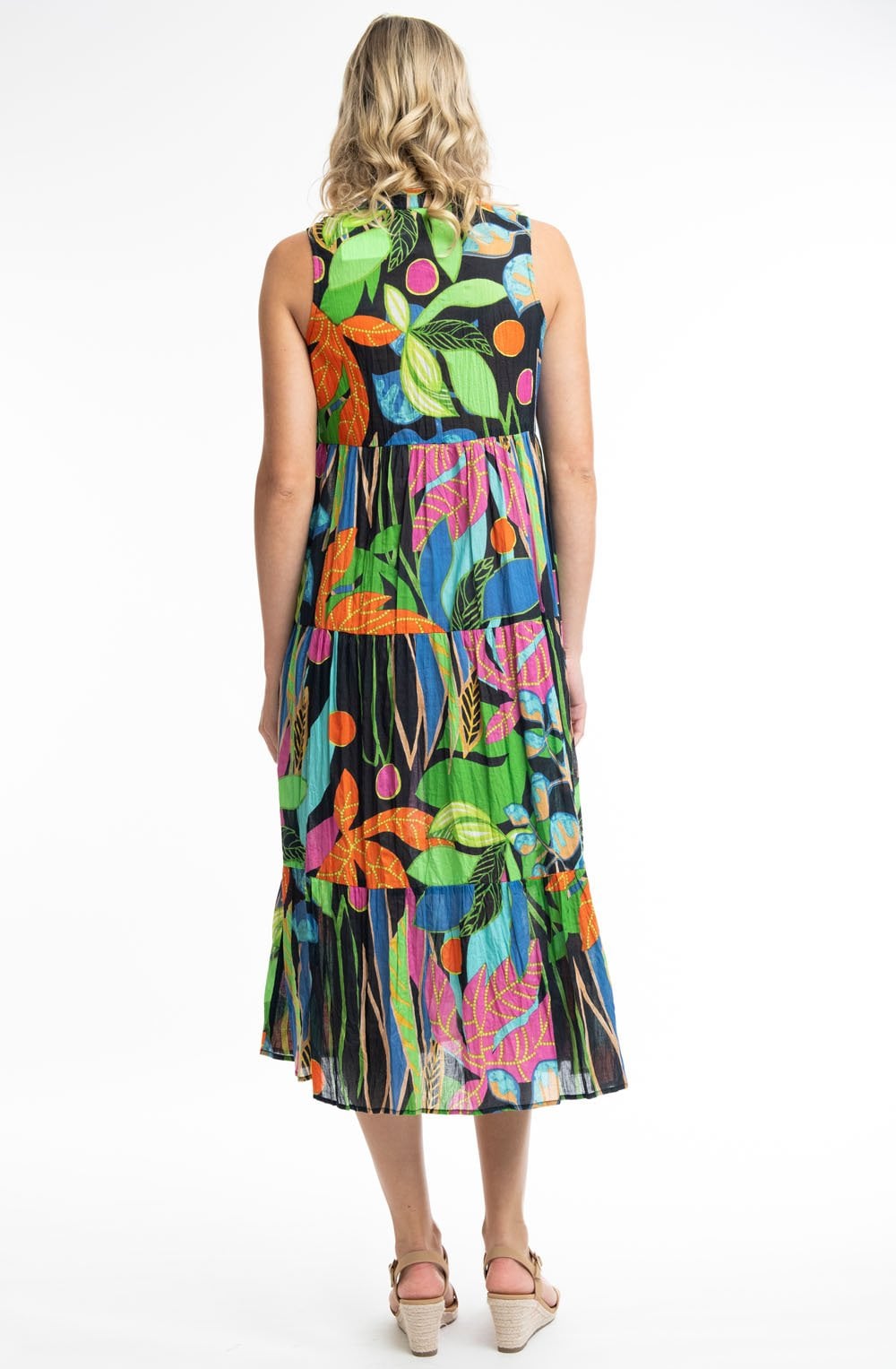 Nicossia Tropical Print Sleeveless Tiered Maxi Dress