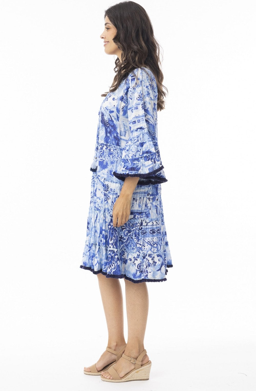 Okayama Frill Blue Print Dress