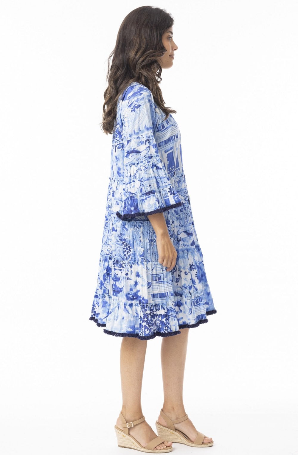 Okayama Frill Blue Print Dress