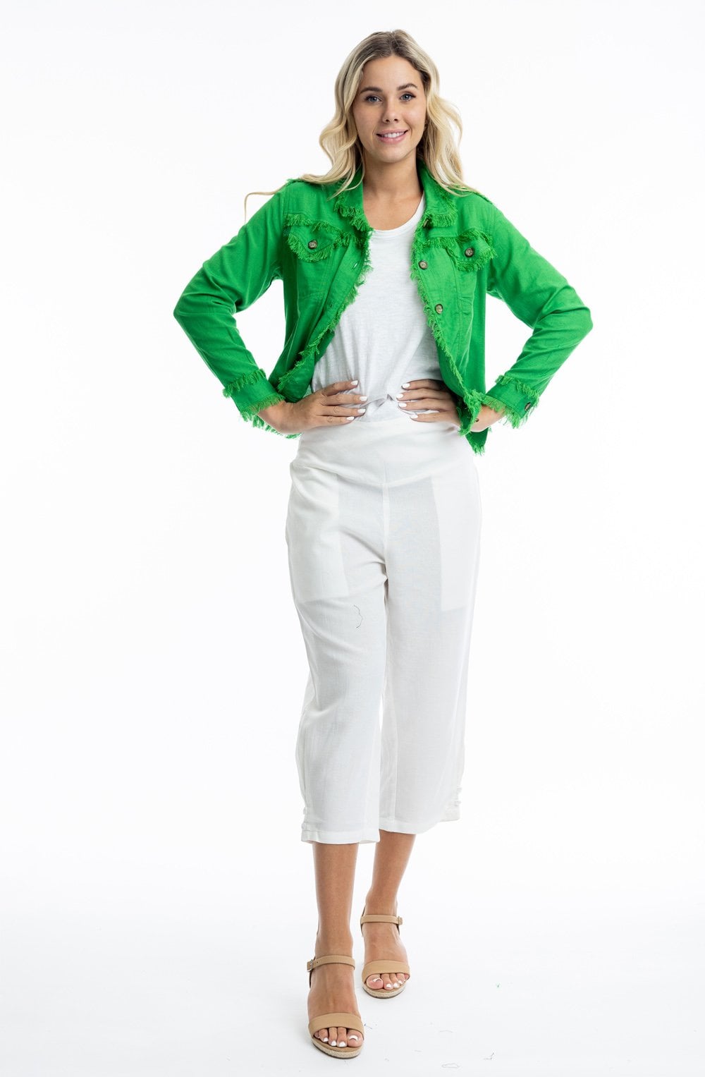 Parakeet Green Linen Blend Frayed Jacket