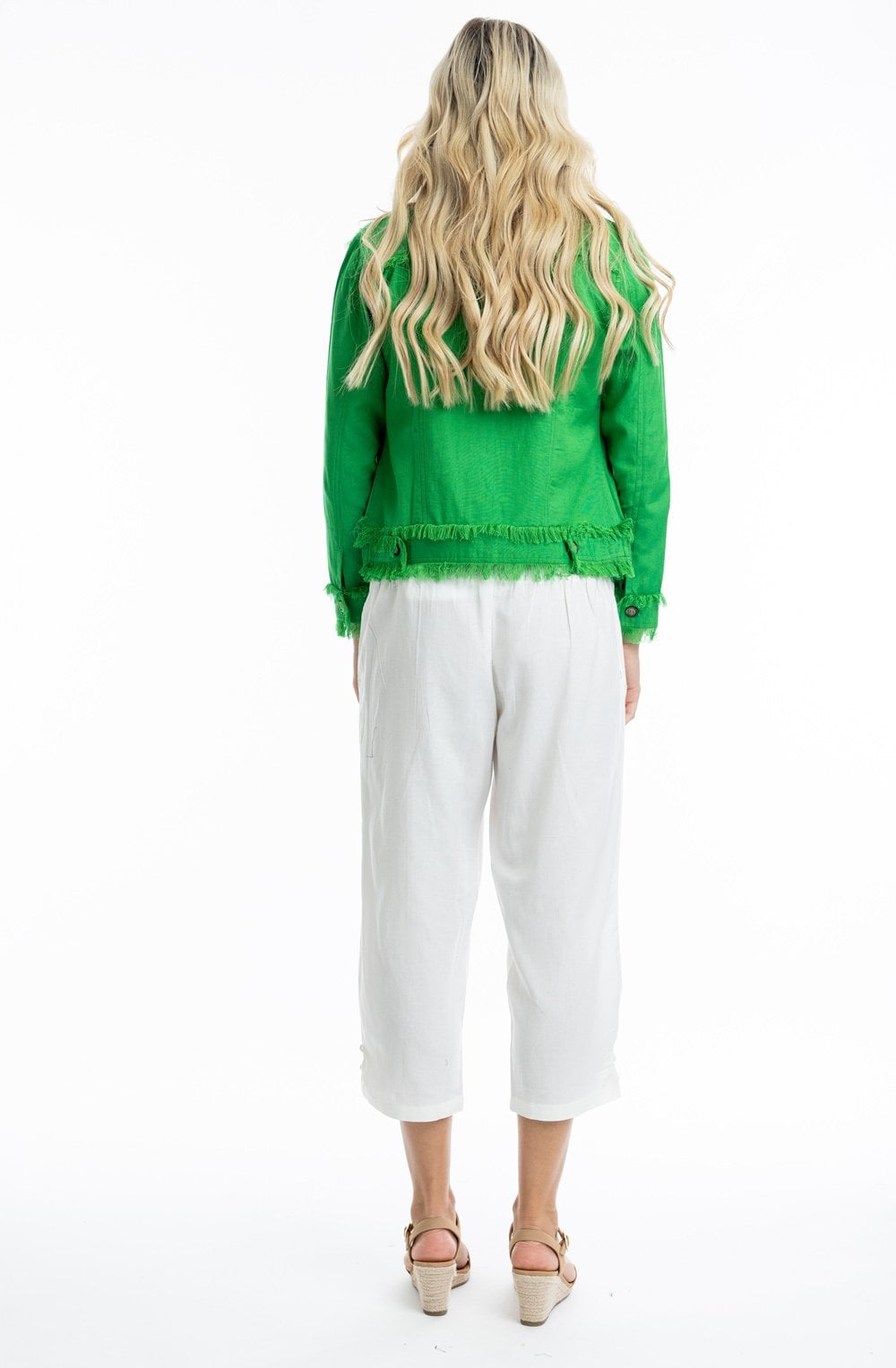 Parakeet Green Linen Blend Frayed Jacket
