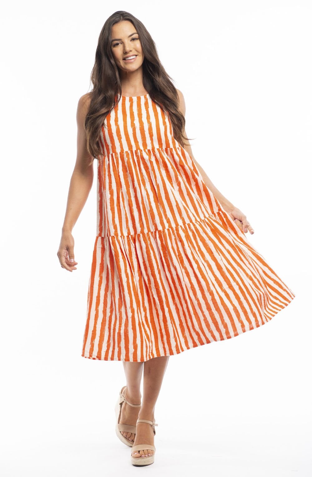 Red Glow Striped Tiered Dress