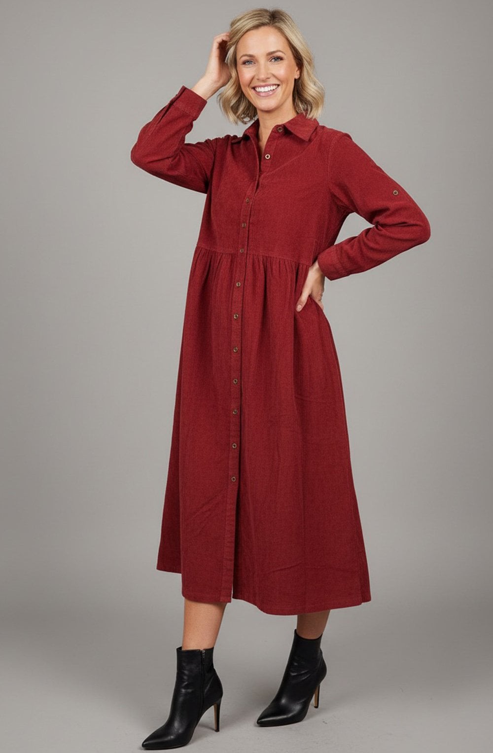 Rust Corduroy Collared Maxi Dress