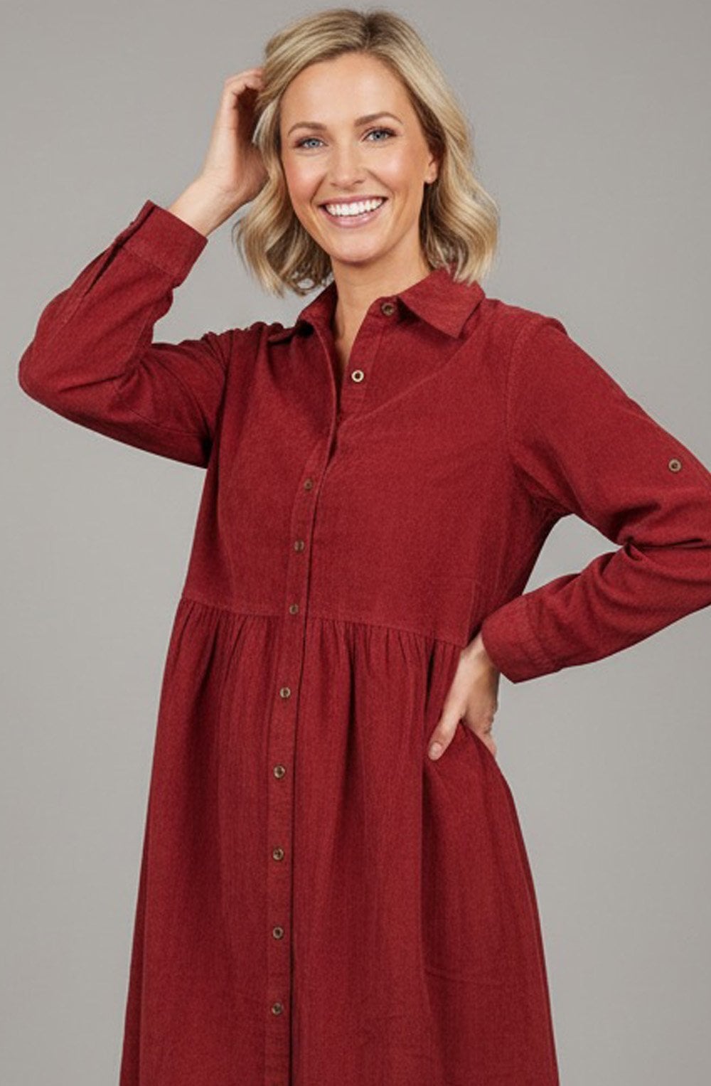 Rust Corduroy Collared Maxi Dress