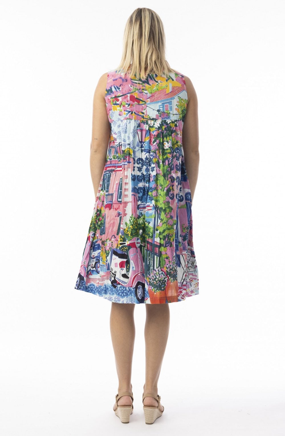 Scooter Print Cotton Pleated Dress