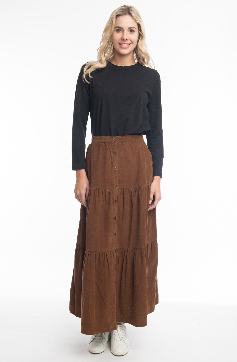 Solid Tan Cord Layered Maxi Skirt
